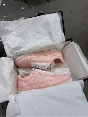 CHANEL Pink Leather Low-Top Sneakers with White Soles
